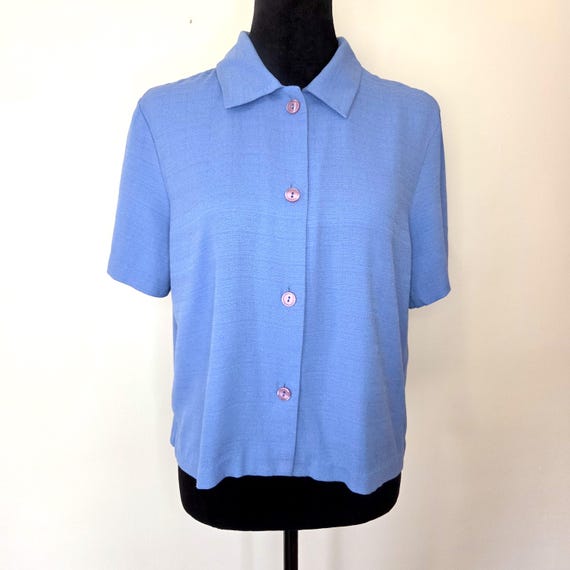 Vintage Blue Button Down Collared Short Sleeve Sh… - image 1