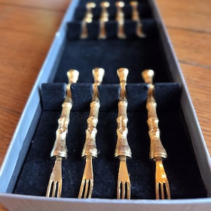 Vintage Gold Tone Bamboo Cocktail Forks - Set of 8