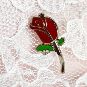 Single Rose With Bejeweled Leaf Silver-Tone Pin | A Flower that Lasts Forever Valentine&#39;s Day Gift