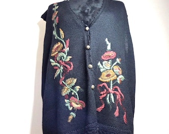 1990s Cottagecore Sweater Vest | Koret Black with Floral Embroidery Size XL