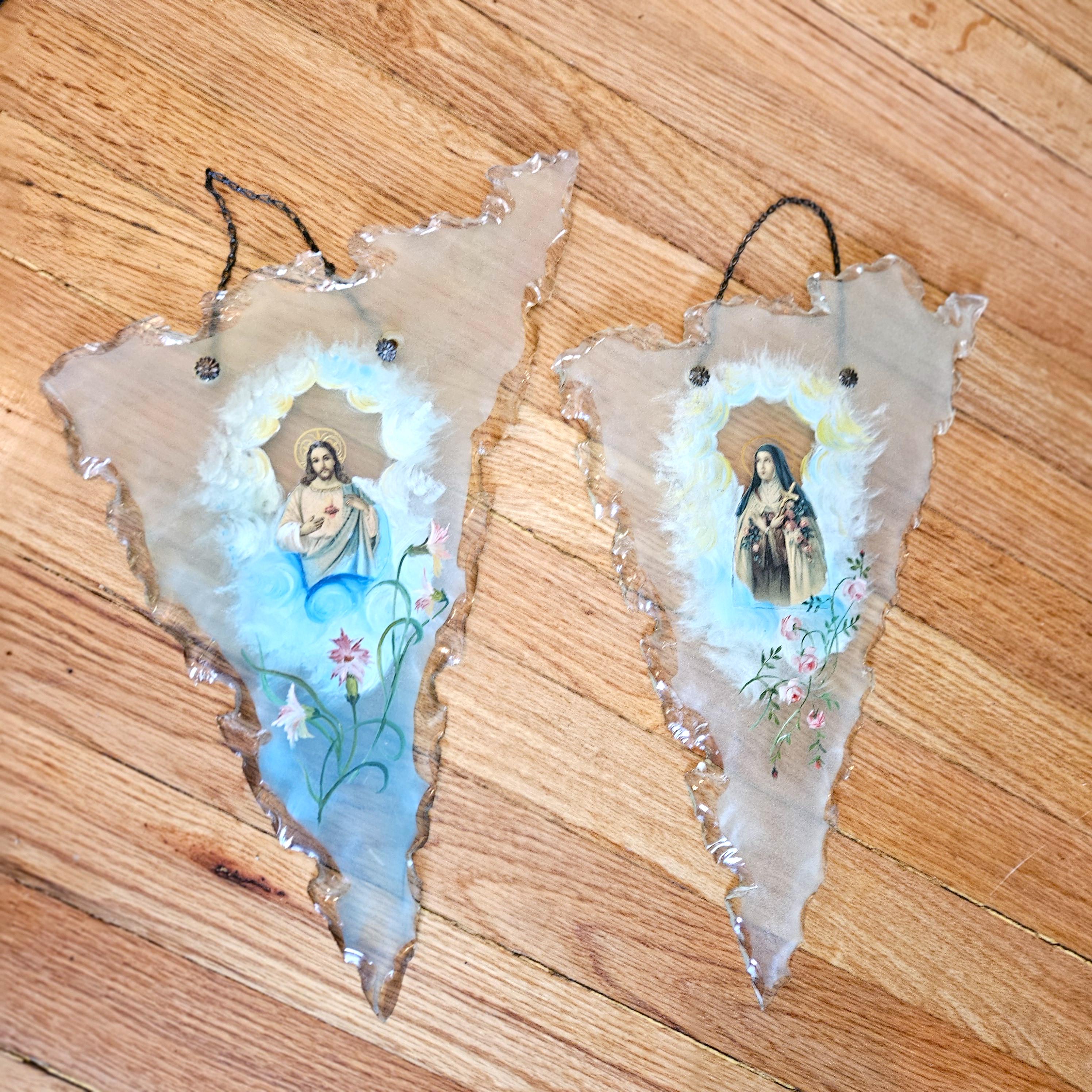 Vintage Sacred Heart Jesus & Virgin Mary Glass Wall Hangings – Unique ...