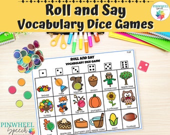Roll and Say Printable Vocabulary Dice Games for Speech Therapy