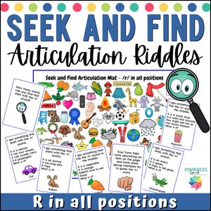 May include: A Seek and Find Articulation Riddles educational activity sheet featuring a central mat with various colourful illustrations and surrounding riddle cards. The text includes Seek and Find Articulation Riddles and R in all positions.