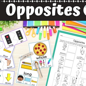 Tarjetas con clips, rompecabezas y hojas de trabajo para terapia del habla con palabras opuestas para imprimir