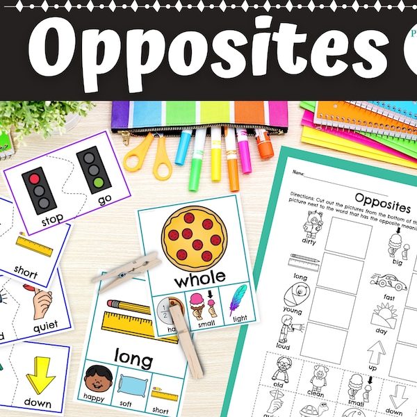 Opposites Printable Speech Therapy Language Activities Clip Cards, Puzzles, Worksheets