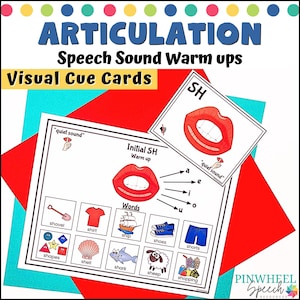 May include: Articulation speech sound warm up visual cue cards featuring the text SH, Initial SH, and quiet sound. The cards display a red mouth illustration, arrows pointing to vowels, and various images including a shovel, shirt, ship, shoes, shorts, shapes, shell, shark, sheep, and shopping.