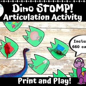 May include: A green dinosaur footprint with the word "SH" and a picture of a red shirt. The footprint is on a wooden surface. The text "Dino STOMP! Articulation Activity" is at the top of the image. The text "Includes 660 cards!" is in a speech bubble. The text "Print and Play!" is at the bottom of the image.