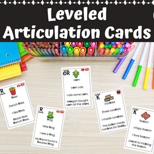 May include: A set of 10 colourful articulation cards for speech therapy. Each card features a picture and words related to a specific sound. The sounds include R, K, and the combination OR. The cards are designed to help children practise their articulation skills.