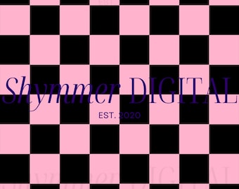 May include: A black and pink checkerboard pattern with the text "Shimmer Digital Est. 2020" in the center.