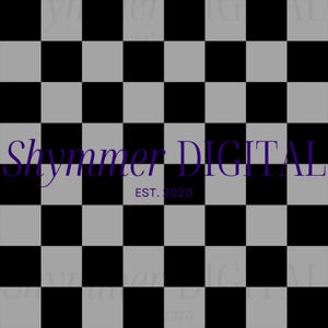 May include: A black and white checkered background with the text "Shimmer DIGITAL EST. 2020" in purple.
