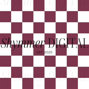 May include: A burgundy and white checkered background with the text "Shymmer DIGITAL EST. 2020" in black.