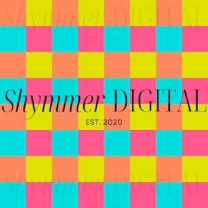 May include: A vibrant digital design featuring a checkerboard pattern in bright colors: pink, yellow, orange, and turquoise. The text "Shymmer DIGITAL" is displayed in black script, with "EST. 2020" below.