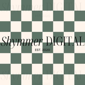 Könnte beinhalten: Ein grün-weiß karierter Hintergrund mit dem Text "Shymmer DIGITAL EST. 2020" in Schwarz.