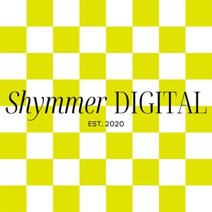 May include: A yellow and white checkered background with the text "Shymmer DIGITAL EST. 2020" in black.