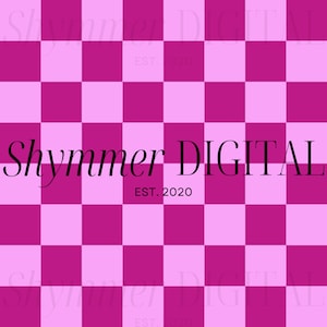 Puede incluir: Un fondo a cuadros rosa y morado con el texto "Shimmer DIGITAL EST. 2020" en negro.