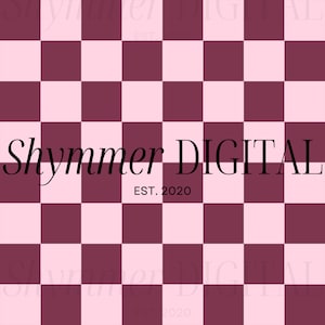 May include: A pink and burgundy checkered background with the text "Shymmer DIGITAL EST. 2020" in black.