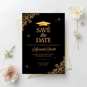 Faire gagner la date de remise des diplômes élégante, faire-part de remise des diplômes noir et or, carte imprimable Diplôme universitaire 2025