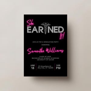Black and Pink Nursing Graduation Invitation | She eaRNed it! Editable Template | Nurse Grad Party Invite Instant Download