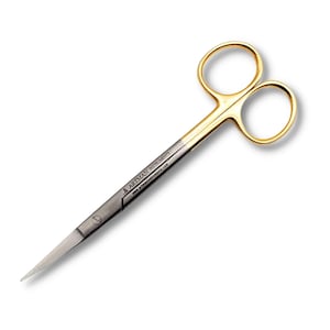 May include: A pair of gold-handled surgical scissors with a sharp, pointed blade. The scissors are labelled "A. ARTMAN INSTRUMENTS" and "www.artmaninstruments.com".