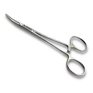May include: A silver, curved, medical instrument with two rings at the end. The instrument is labeled "Adson with Teeth".