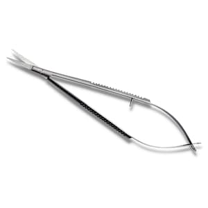 May include: A pair of silver surgical scissors with a black textured handle.