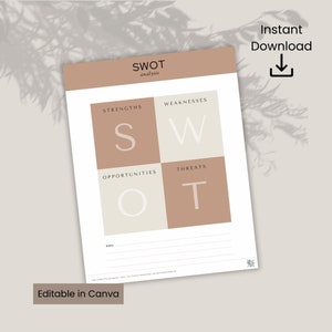 SWOT Worksheet Template | INSTANT DOWNLOAD | Swot Analysis Template | Business Tool | Swot Analysis Example | Business Planning | Editable