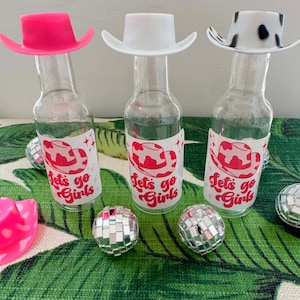 Mini Liquor shot Bottles with optional mini cowgirl hats, shooter bottle labels bachelorette party, bridesmaid gifts, girls trip