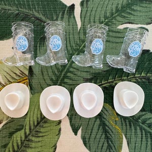 Cowgirl boot shot cups with labels and mini cowgirl hat