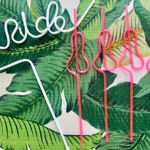 May include: A white plastic straw bent into the word "bride" with five pink plastic straws bent into a heart shape.