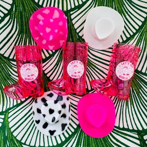 Cowgirl boot shot cups with  labels and mini cowgirl hats, bachelorette party decor, disco cowgirl party favors