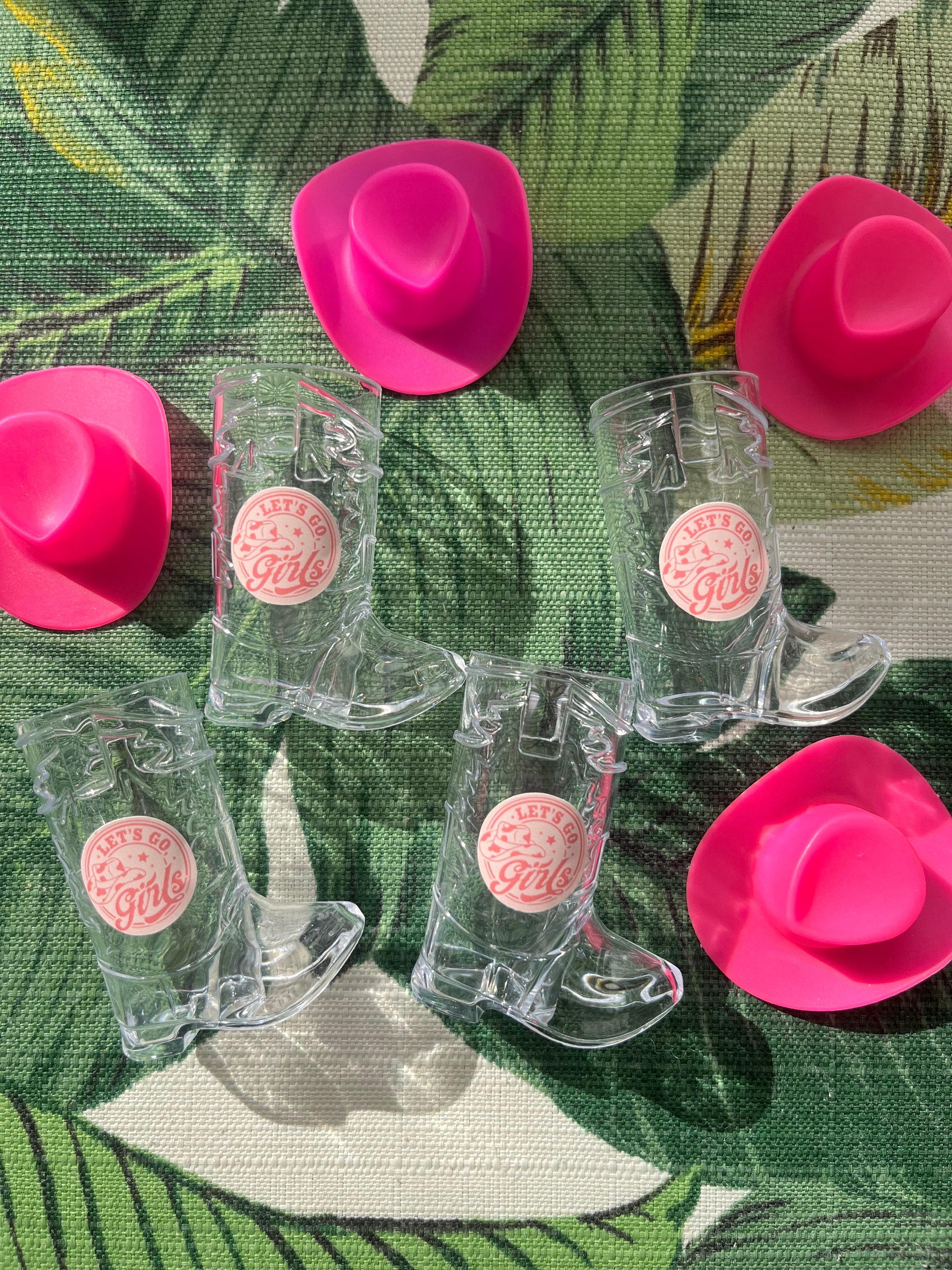 Cowgirl boot shot cups with labels and mini cowgirl hat