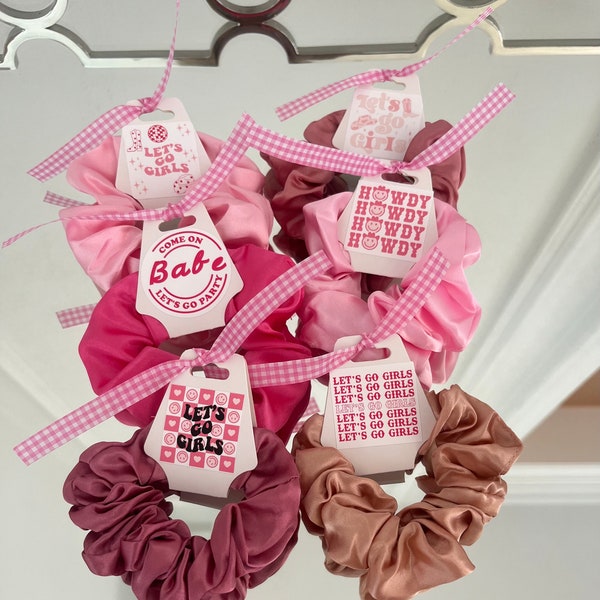 Customized bachelorette scrunchie hair tie favor, Let's Go Girls, Come in Babe let's go party, Howdy Howdy Howdy