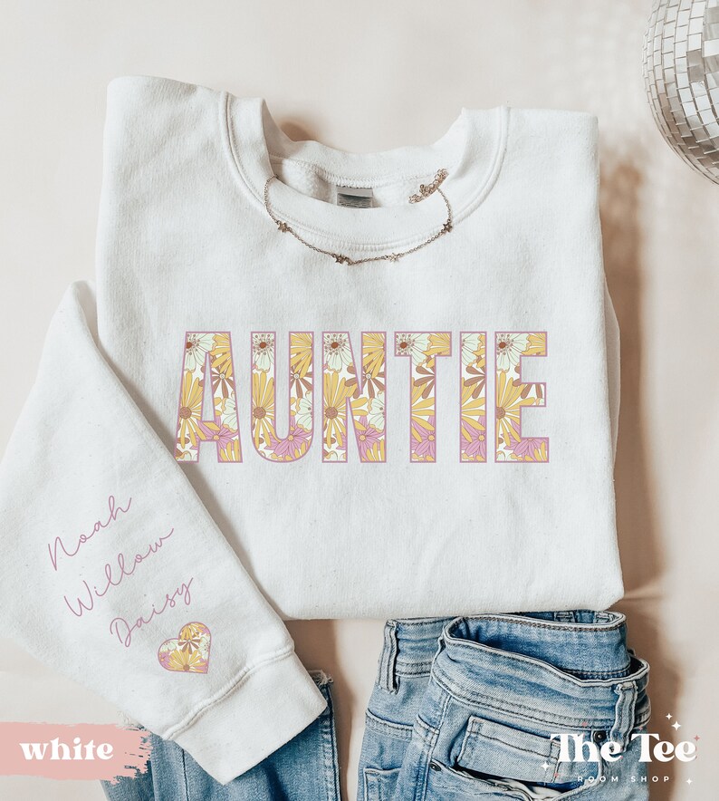 Custom Auntie Sweatshirt With Children Name on Sleeve, Personalized