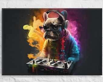 Canvas - French Bulldog DJ Funky Colourful Canvas, Dog Print, Dog Art, Dog Decor, Dog Poster, Dog Gift, Modern Art, Animal Art, Wall Art