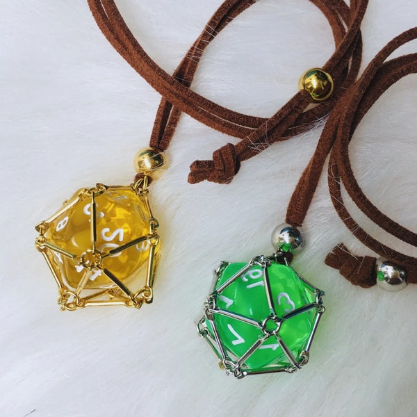 DND Dice Necklace, Dice cage Necklace, Silver and Gold plated cage necklace,D20 pendant, D20 jewelry Gift, Vegan leather strap, Gift for her