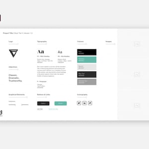 May include: A style guide for a brand with a black and white triangle logo. The guide includes typography, colour palettes, graphic elements, buttons, and social media icons.