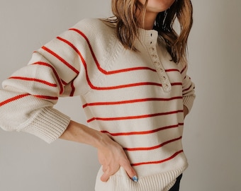 Premium Cozy Striped Cotton Sweater Soft Knit Women's Pullover Stylish and Skin Friendly Fashion Staple Nautical Style Henley in Red or Blue