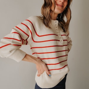 Premium Cozy Striped Cotton Sweater Soft Knit Women's Pullover Stylish and Skin Friendly Fashion Staple Nautical Style Henley in Red or Blue