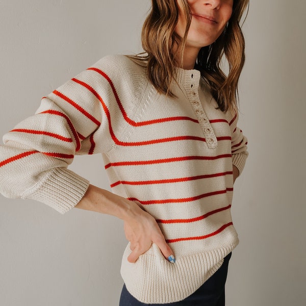 Premium Cozy Striped Cotton Sweater Soft Knit Women's Pullover Stylish and Skin Friendly Fashion Staple Nautical Style Henley in Red or Blue