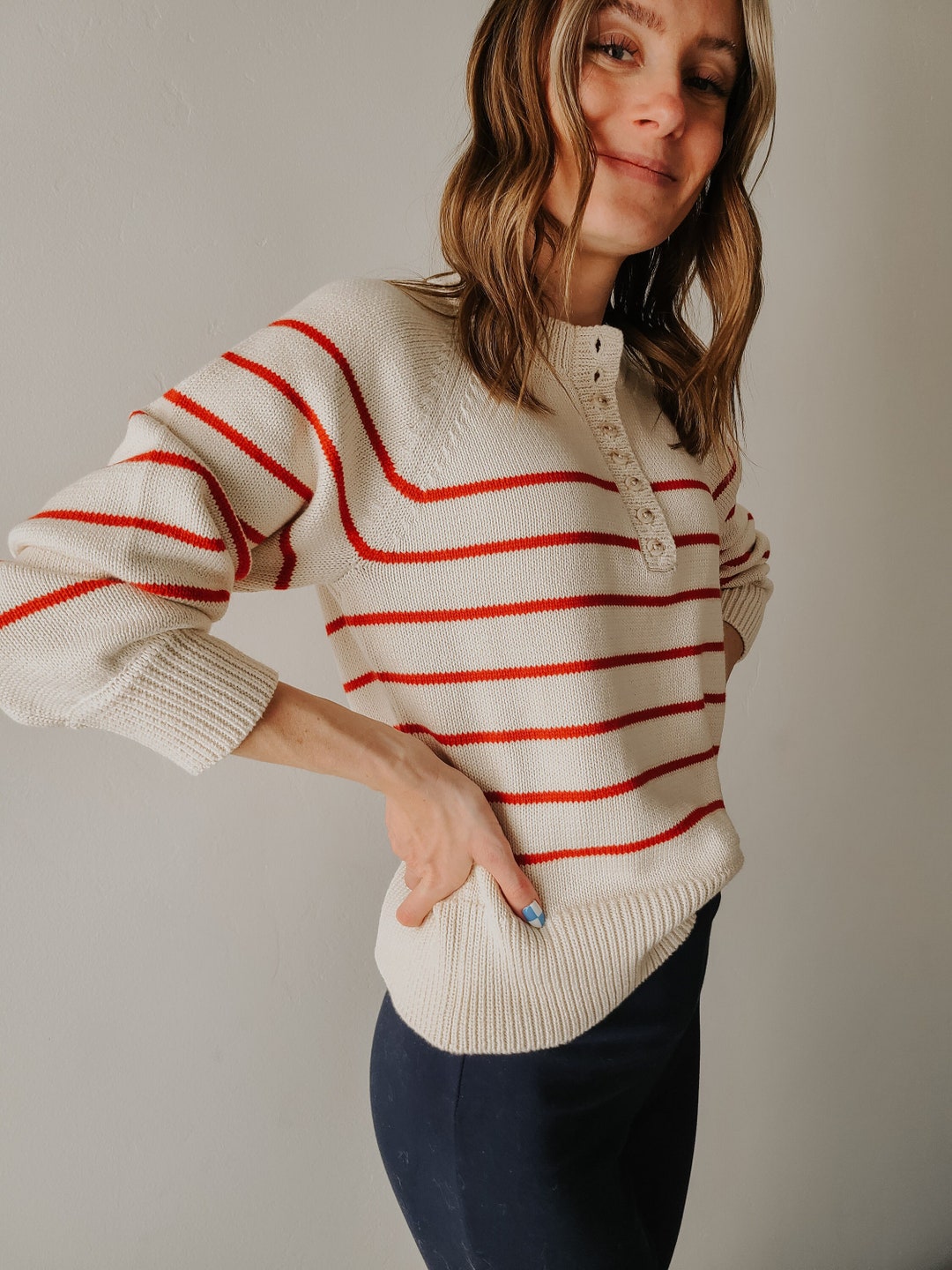 Punch and Cream Thick Stripe Henley Sweater