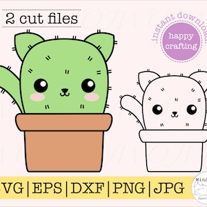 Lindo Kawaii Cactus Kitten Cat Cut Archivo imprimible en capas SVG, PNG, JPG, Dxf, Eps, Clipart para Cricut, Silueta