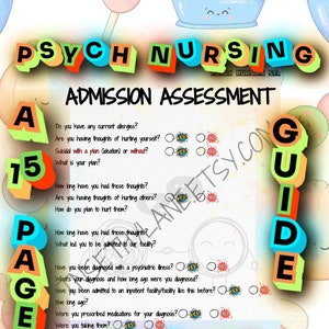 Puede incluir: Una colorida Guía de Evaluación de Admisión de Enfermería Psiquiátrica. La guía incluye preguntas sobre alergias, pensamientos suicidas e historial psiquiátrico. La palabra "STAPLES" está en la parte inferior de la página.