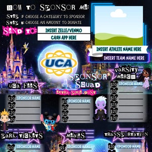 Könnte beinhalten: Ein farbenfrohes digitales Grafikdesign mit dem Text „How to Sponsor Me“. Es enthält Abschnitte für UCA-Gebühren, Parktickets, Mahlzeiten und Transport. Die Grafik zeigt Zeichentrickfiguren und einen Disney-Schloss-Hintergrund.