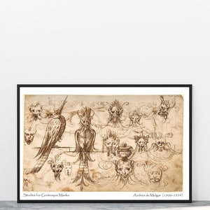 Studies for Grotesque Masks by Andrés de Melgar, 1500s Antique Art Print, Unique Vintage Wall Art, Dark Academia, Eclectic Home Decor