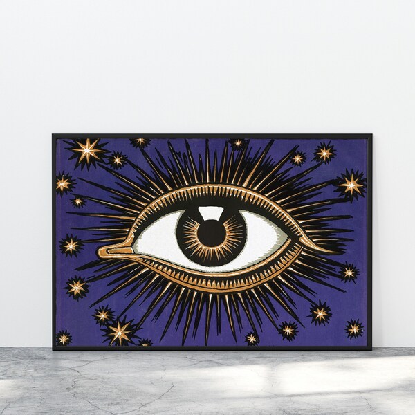 Vintage Magical Eye Fine Art Print, Blue & Gold Decor, Franz Von Stuck, Art Deco Wall Art, Mystical Witchy Decor, Gnostic Art, Starry Eye