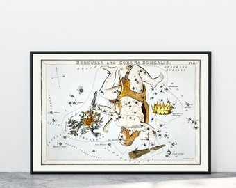 Sidney Hall's 1832 Astronomical Chart Illustration of the Hercules and the Corona Borealis, Constellation Art, Celestial, Stars, Astrology