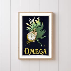 Omega Watches Advertisement, Vintage Art Nouveau, Gallery Wall Fine Art Print, Antique Ads, Pocket Watch Art, Green & Gold, Watch Gift