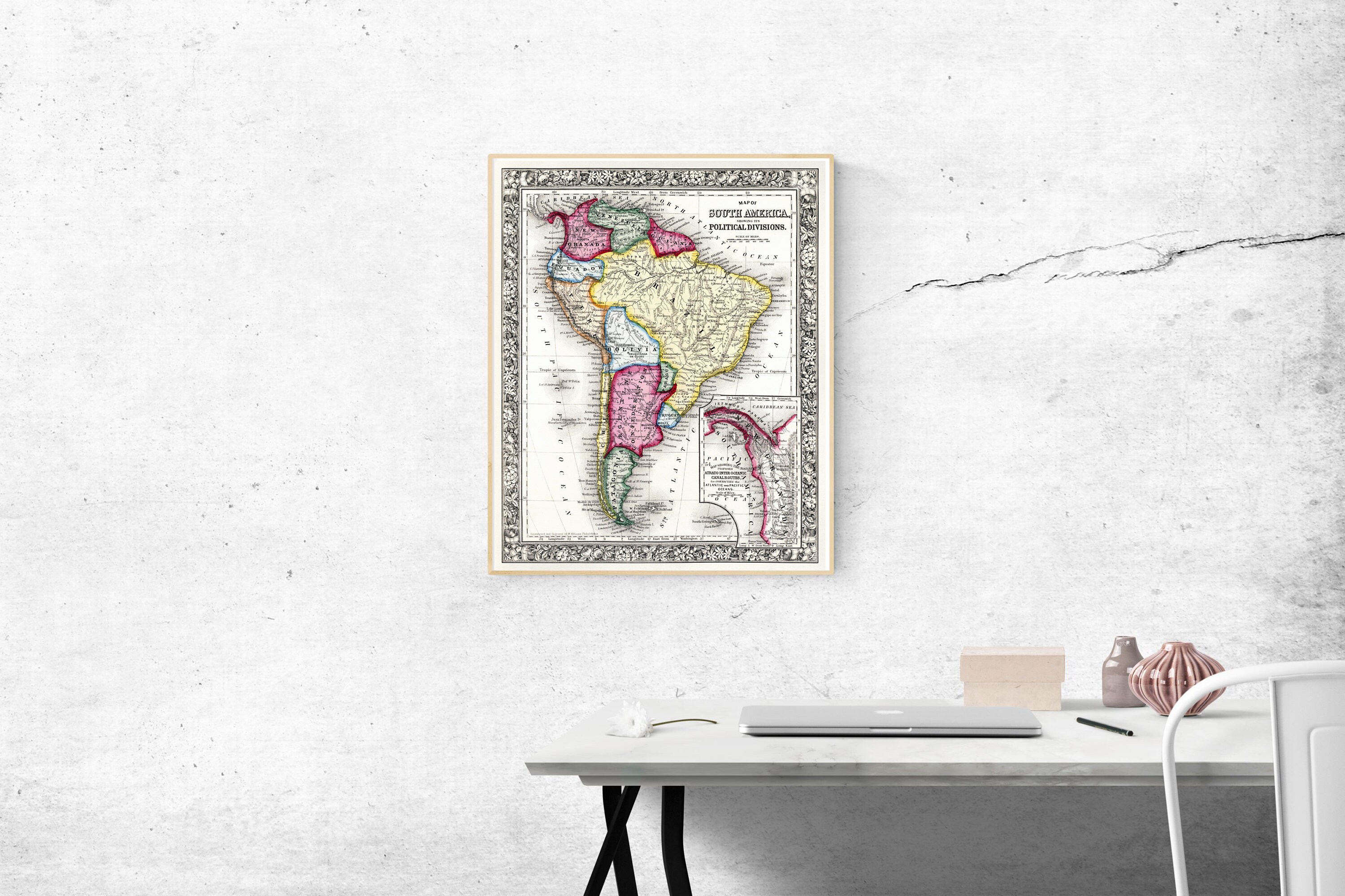 Antique Map of South America, Vintage Cartography, South American Decor