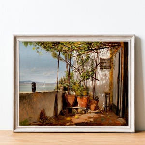 Loggia on Procida, 1835, Martinus Rørbye, Vintage Italian Waterside Art, Rustic Italian Decor, Italia, Serene Art Prints, Balconies, Sea