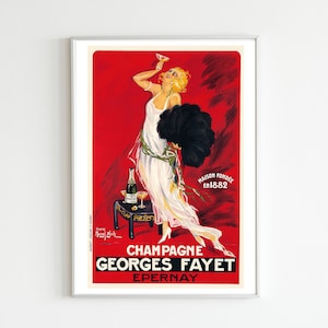 Vintage Marcel Bloch Art Prints, Antique Alcohol Advertisement, Champagne Georges Fayet, Red Decor, Vintage Bar Décor, Bar Art, 1920s